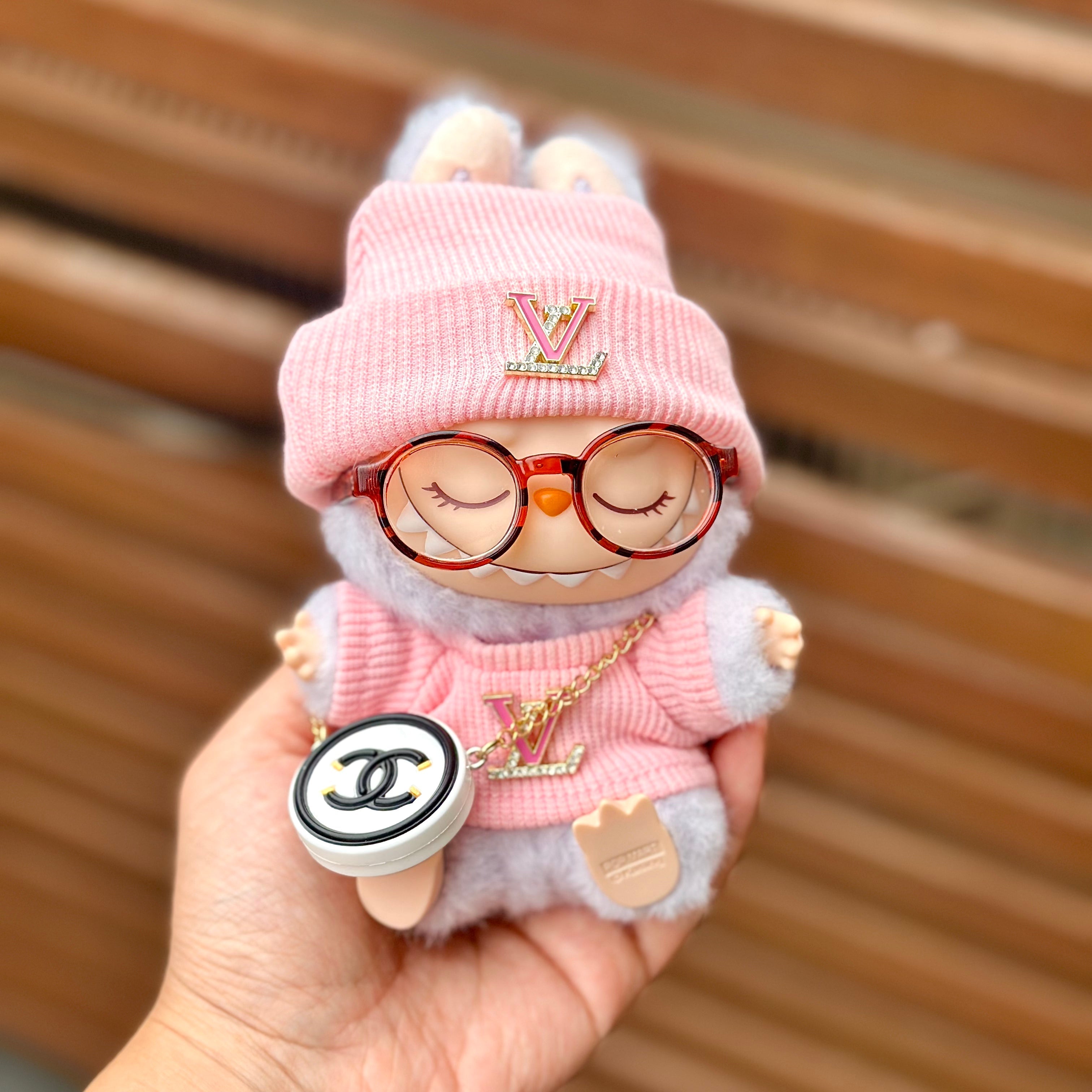 POP MART The Monsters Labubu Fashion Outfit - LV Style Pink Top+ LV Style Hat + Bag + Amber glasses