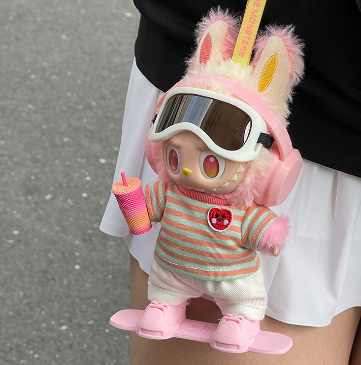 Handmade Winter Snowboard Outfit Set – Pink Earmuff & Striped Top Style