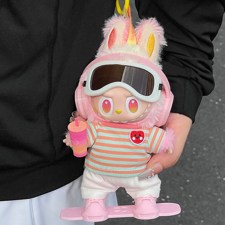 Handmade Winter Snowboard Outfit Set – Pink Earmuff & Striped Top Style