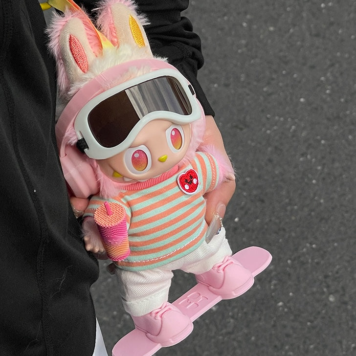 Handmade Winter Snowboard Outfit Set – Pink Earmuff & Striped Top Style