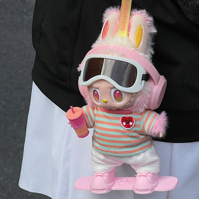 Handmade Winter Snowboard Outfit Set – Pink Earmuff & Striped Top Style