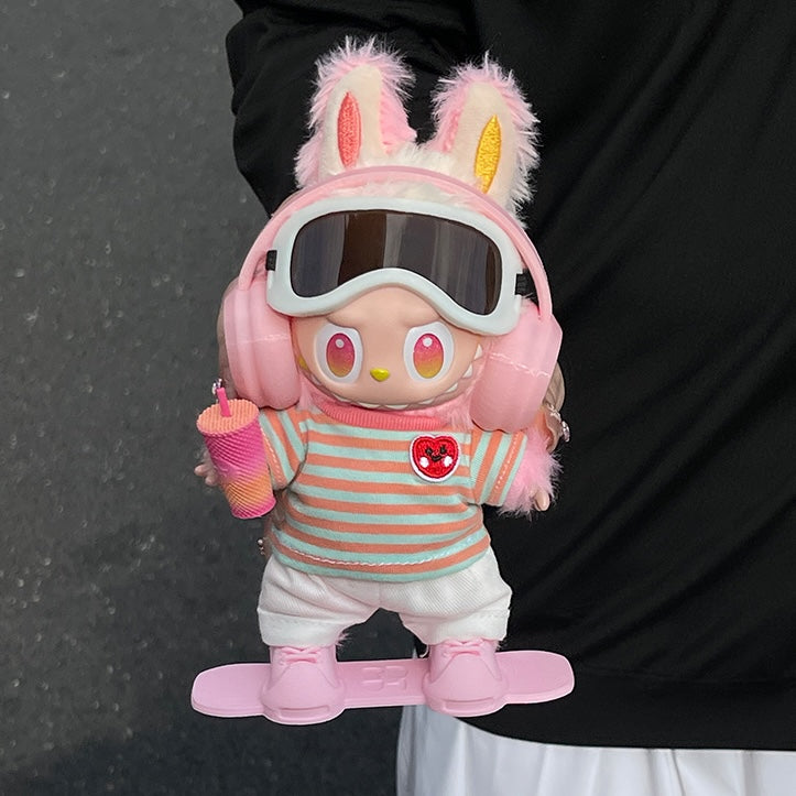 Handmade Winter Snowboard Outfit Set – Pink Earmuff & Striped Top Style