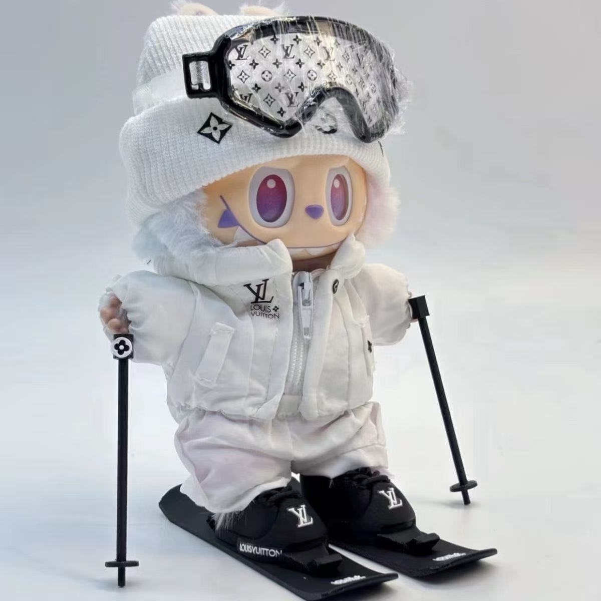 Labubu LV Style Ski Outfit - Includes Ski Poles, Hat, Jacket & Pants, Goggles, Skis & Boots