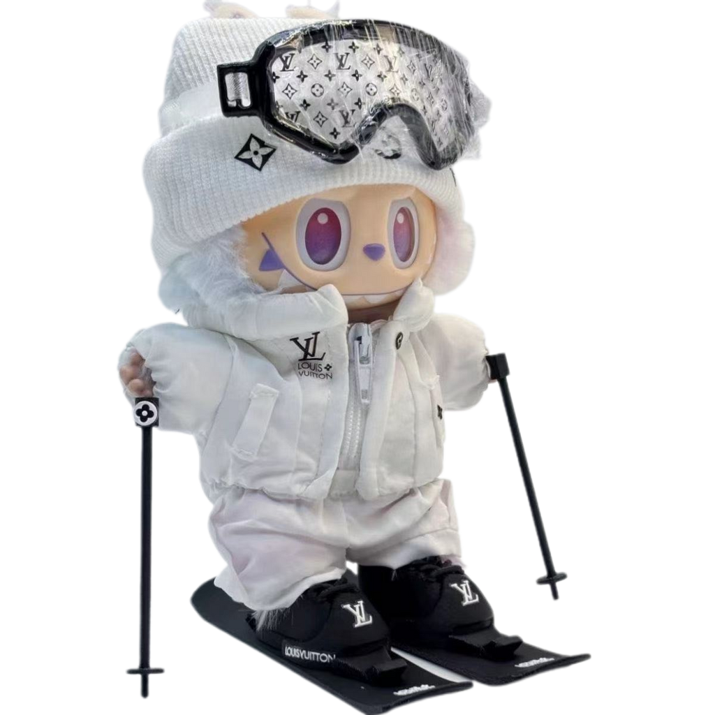 Labubu LV Style Ski Outfit - Includes Ski Poles, Hat, Jacket & Pants, Goggles, Skis & Boots