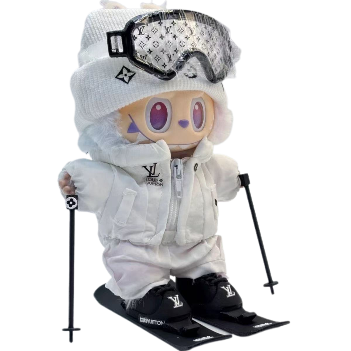 Labubu LV Style Ski Outfit - Includes Ski Poles, Hat, Jacket & Pants, Goggles, Skis & Boots