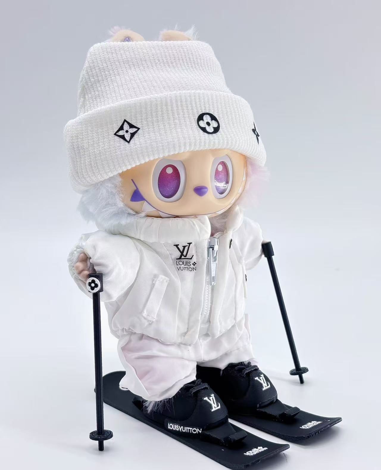 Labubu LV Style Ski Outfit - Includes Ski Poles, Hat, Jacket & Pants, Goggles, Skis & Boots