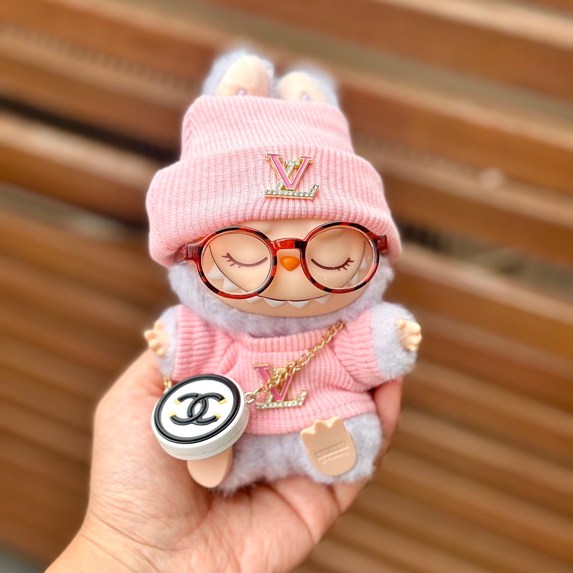 POP MART The Monsters Labubu Fashion Outfit - LV Style Pink Top+ LV Style Hat + Bag + Amber glasses