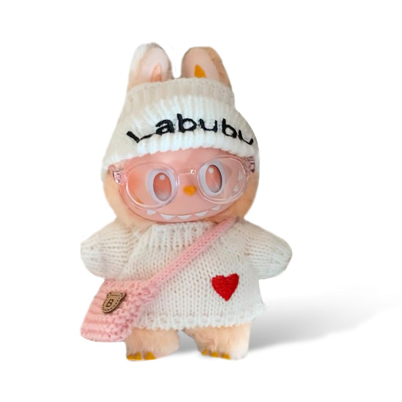 POP MART The Monsters Labubu Fashion Outfit - white sweater + pink bag + clear glasses