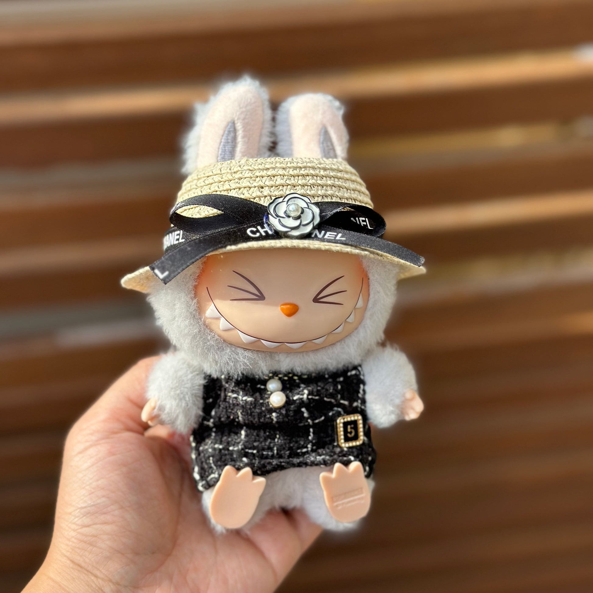 POP MART The Monsters Labubu Fashion Outfit - Chanel Style Black Skirt+Straw hat