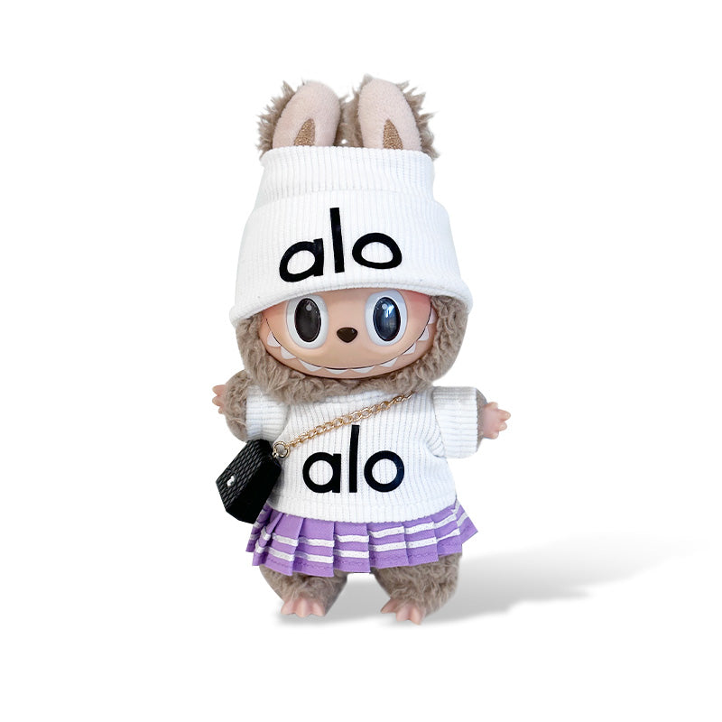 POP MART The Monsters Labubu Fashion Outfit - Alo Style White Top + White hat + Purple Skirt + Black Bag (Pre-order 1-2 weeks arrive)