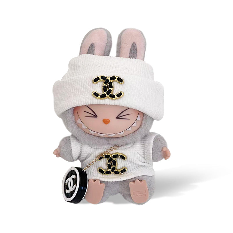 POP MART The Monsters Labubu Fashion Outfit - Black Chanel Logo Style Top + Hat + Bag